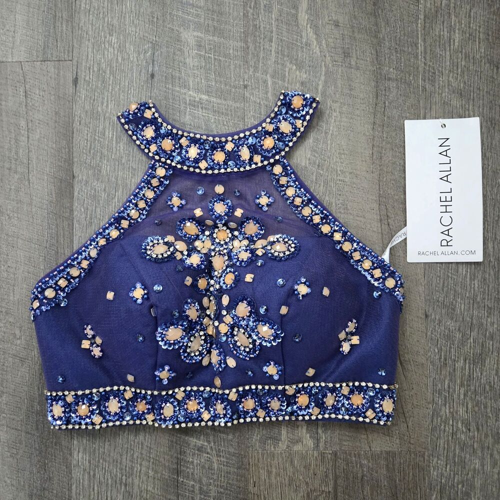 NWT Rachel Allan Beaded Halter Crop Top Bodice Size 4 Purple Blue Prom Gown